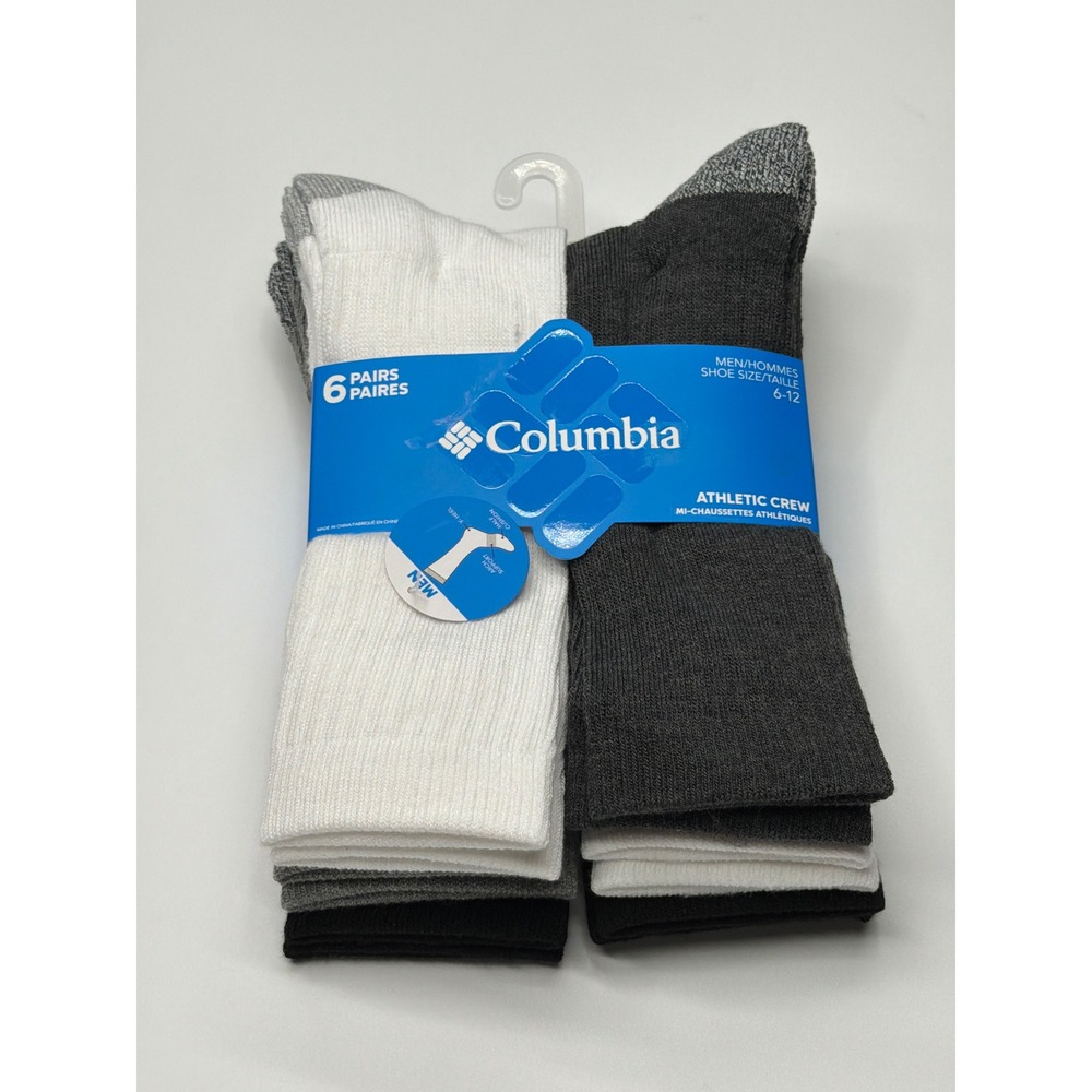 Columbia Men Athletic Crew Socks 6‎ Pairs Shoe Size 6-12 Black White Grey NWT